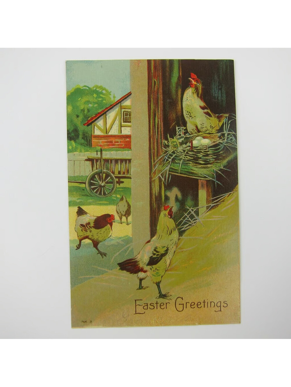 Easter Postcard Chickens Roost Eggs in Nest Hay Wagon House Embossed Antique